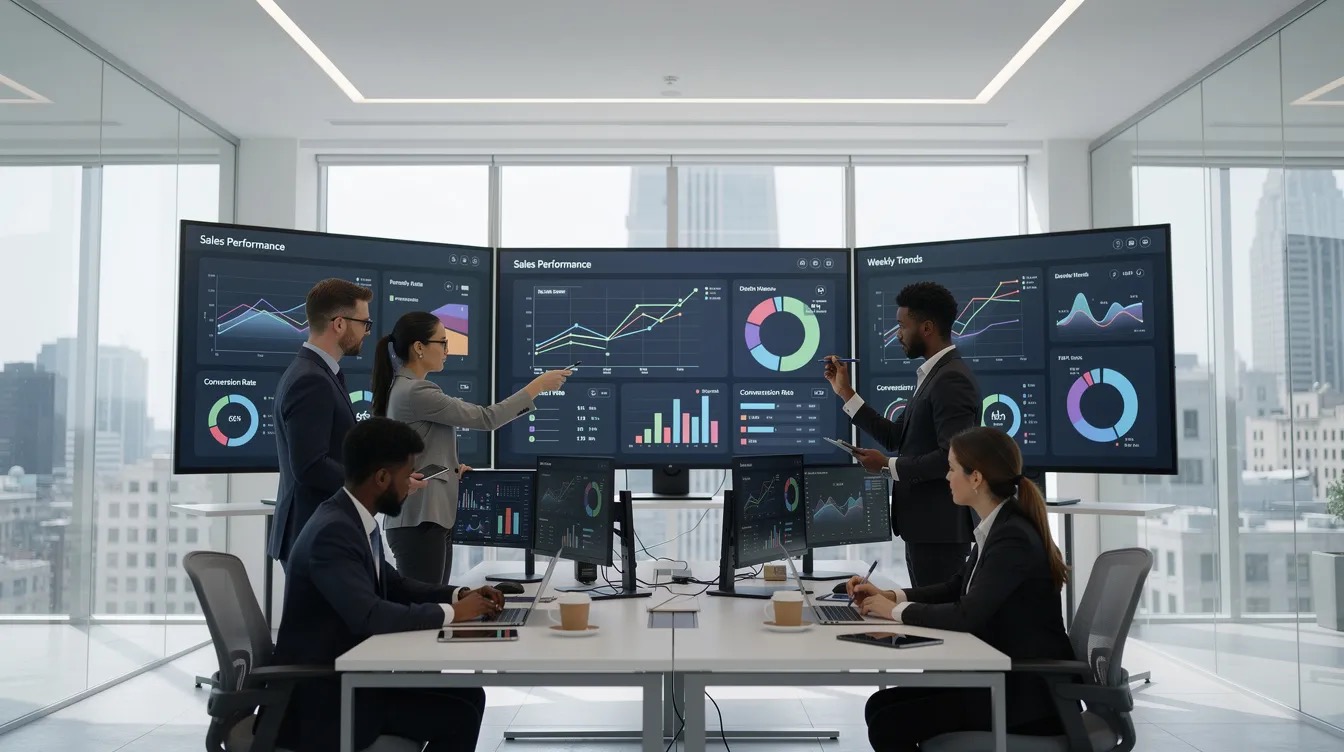Team reviewing AI performance dashboards during a product diligence assessment.