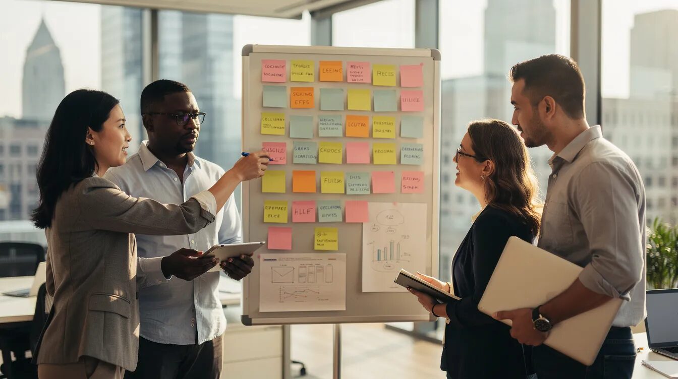 Product team reviewing roadmap priorities and delivery metrics during due diligence.