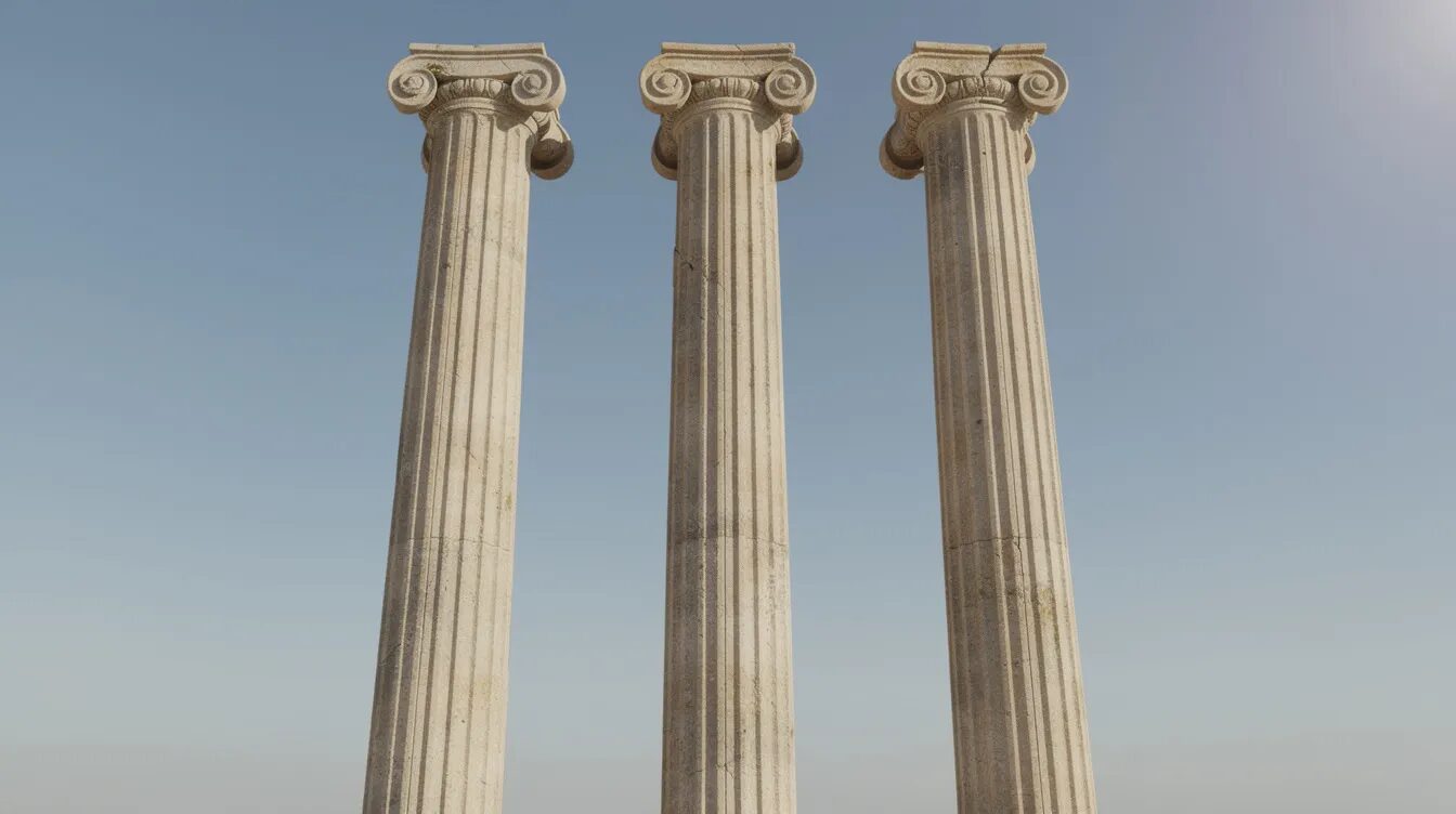 Three pillars representing financial, legal, and product diligence in technology deals.