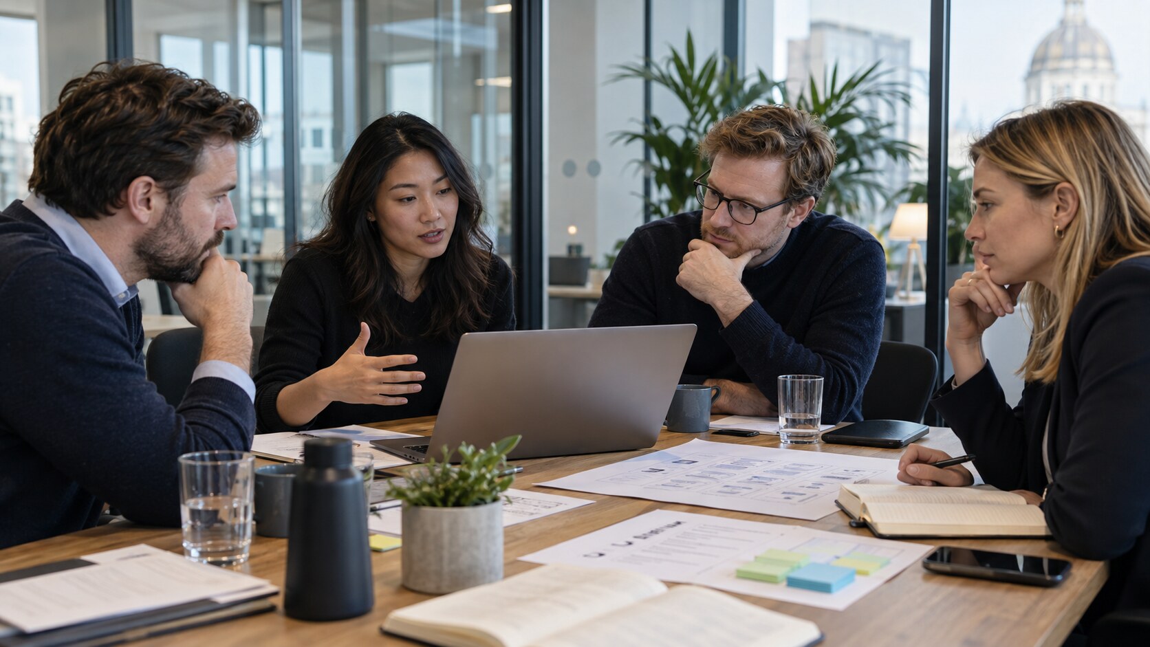 Startup technical due diligence review with investors and a founder assessing early-stage software risk.